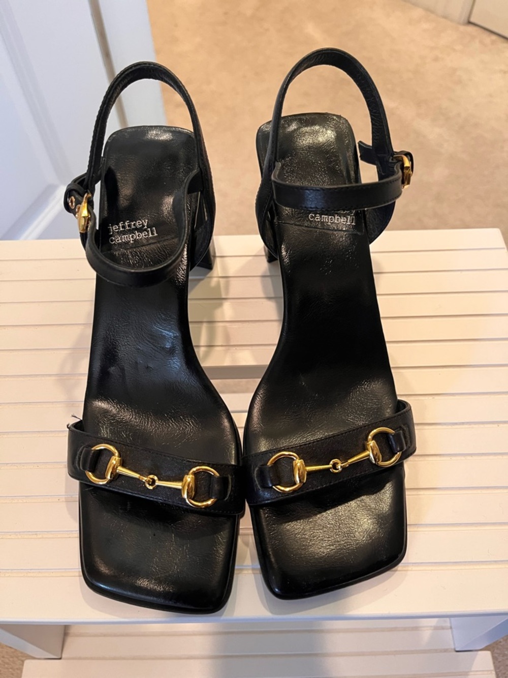 Jeffrey Campbell Black Leather Ankle-Strap Sandals with Gold Bit